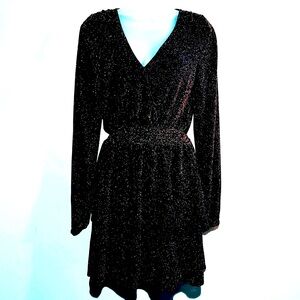 Michael Kors Gold Metallic Long Sleeve V-Neck Smocked Waist Dress